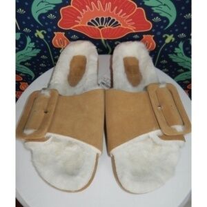 Zara Home Brown Suede Big Buckle Faux Fur Slides Sandals Shoes 39